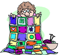cartoon drawing of lady holding colorful quilt
