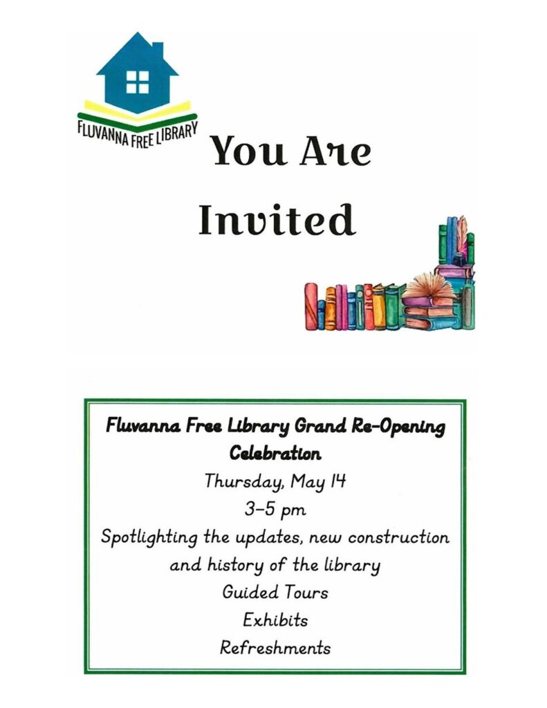 Fluvanna Free Library's invitation to the public for their Open House Celebration on Thursday, May 14 from 3-5 pm.  Tours and refreshments